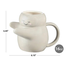 Cream sculpted hug earthenware mug with smiling face, front view