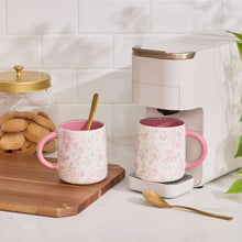 Pink floral stoneware mugs, set of 2, with pink interior and curved handles