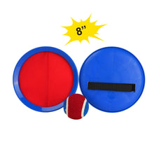 Two toss-and-catch discs in red and blue with a red-and-blue ball, plus strap.