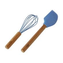 Blue speckled silicone spatula and wire whisk with wooden handles