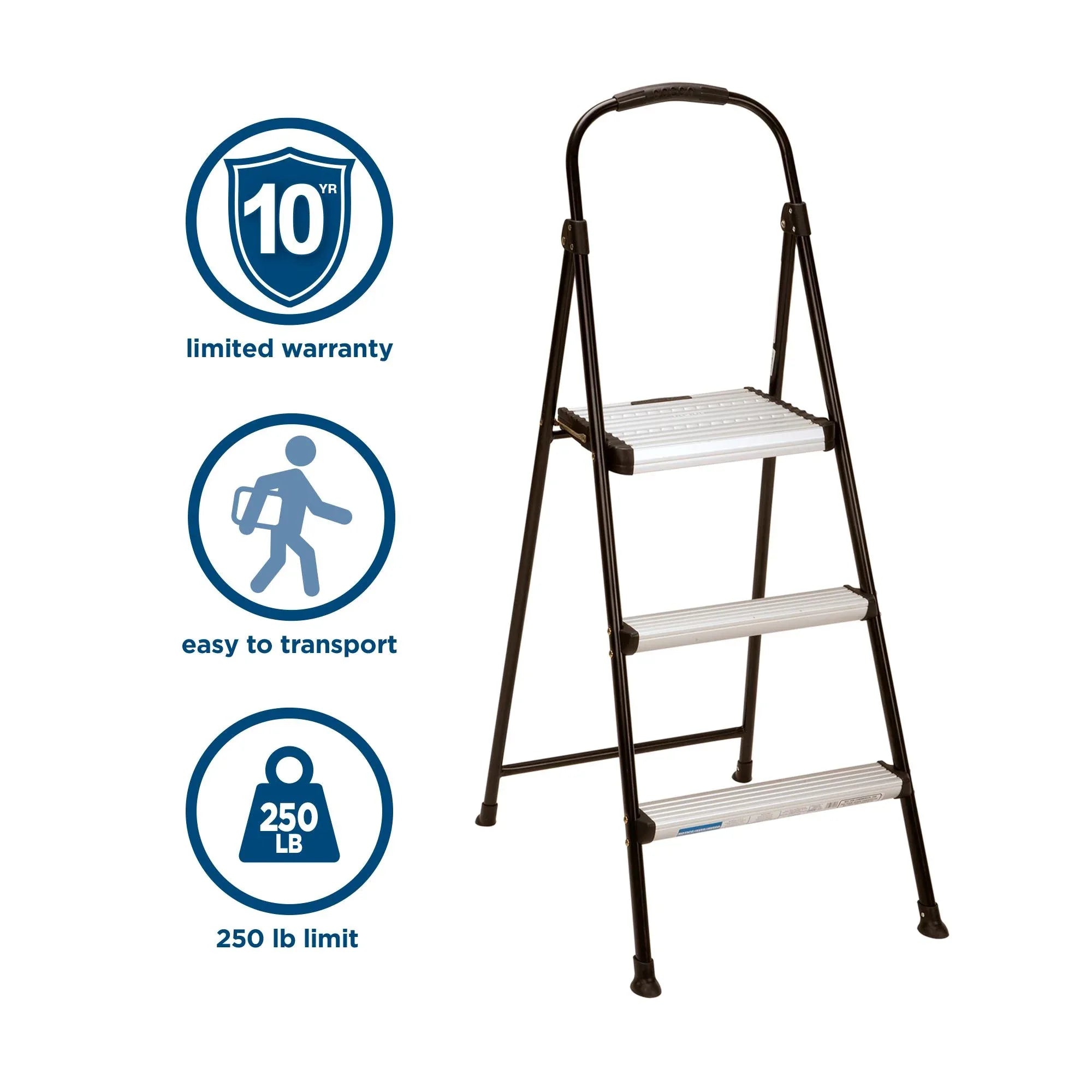 3-Step Folding Step Stool with Rubber Hand Grip, 8 Ft. 10 in. Max Reach (Black)
