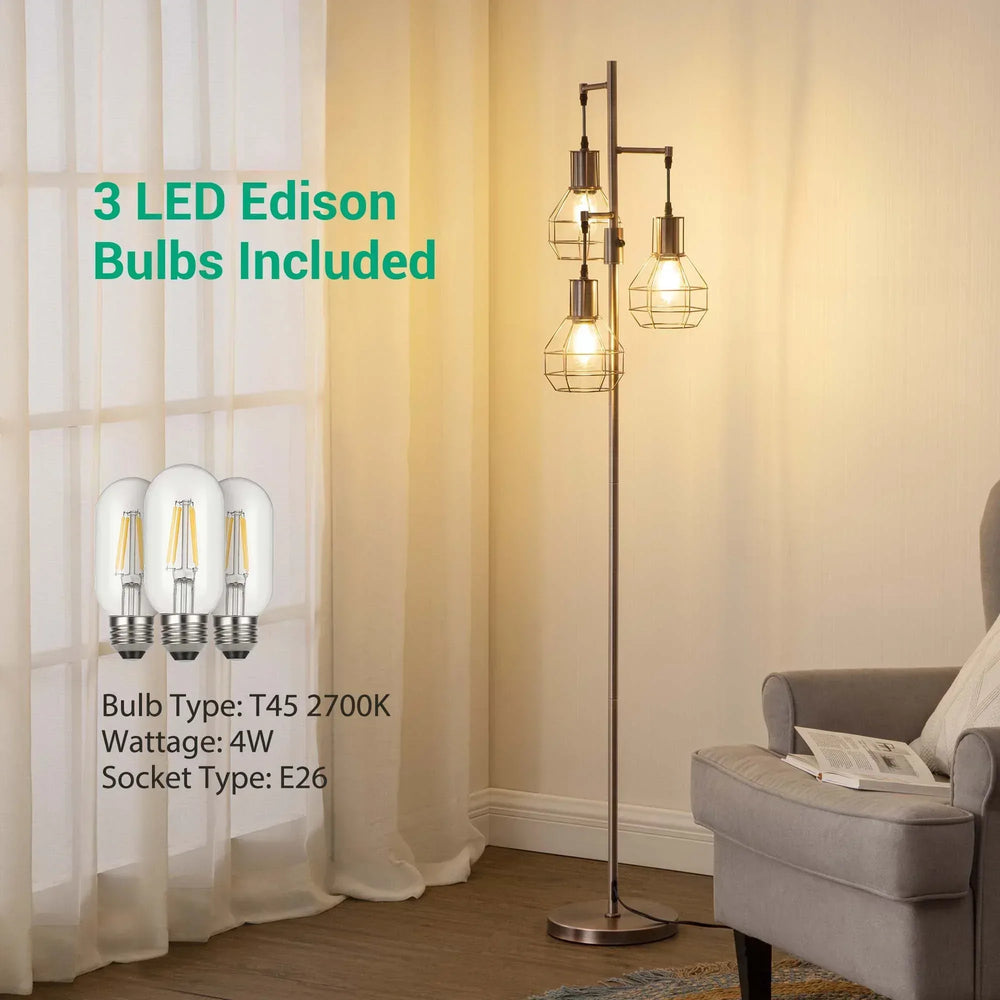 EDISHINE 65IN Farmhouse Industrial Black Floor Lamps for Living Room, Dimmable, Metal Standing Tree Lamp for Bedroom, Office, Home Decor, Lighting, 3 LED Bulb Included - USA MEGA SHOP