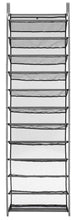 Over-the-door shoe rack with stacked gray fabric shelves and hanging hooks.