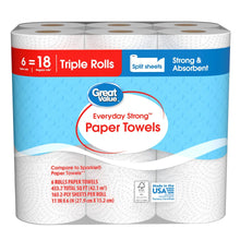 Triple-roll paper towels pack, blue and white label front