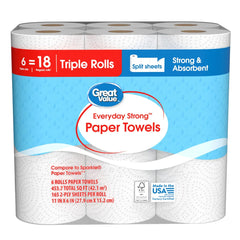 Great Value Everyday Strong Paper Towels, 6 Triple Rolls, Split Sheets