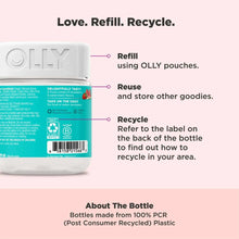 Bottle back label with recycling and refill instructions for OLly pouches