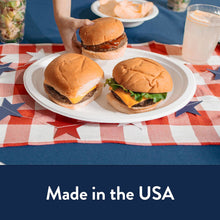 White paper dinner plate holding three burgers