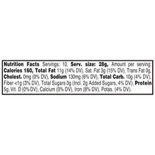Nutrition facts panel for cashews, including calories, fat, carbs, protein, and sugars