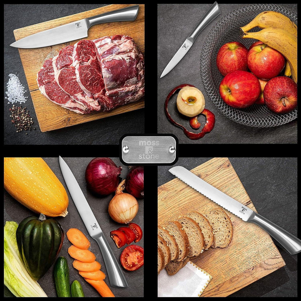 Moss & Stone Professional Kitchen Knife Chef Set, Small Knife Set With Block, Black Titanium Plated Kitchen Knife Set, Stainless Steel Scratch Resistant & Rust Proof Sharp Kitchen Knives. - USA MEGA SHOP