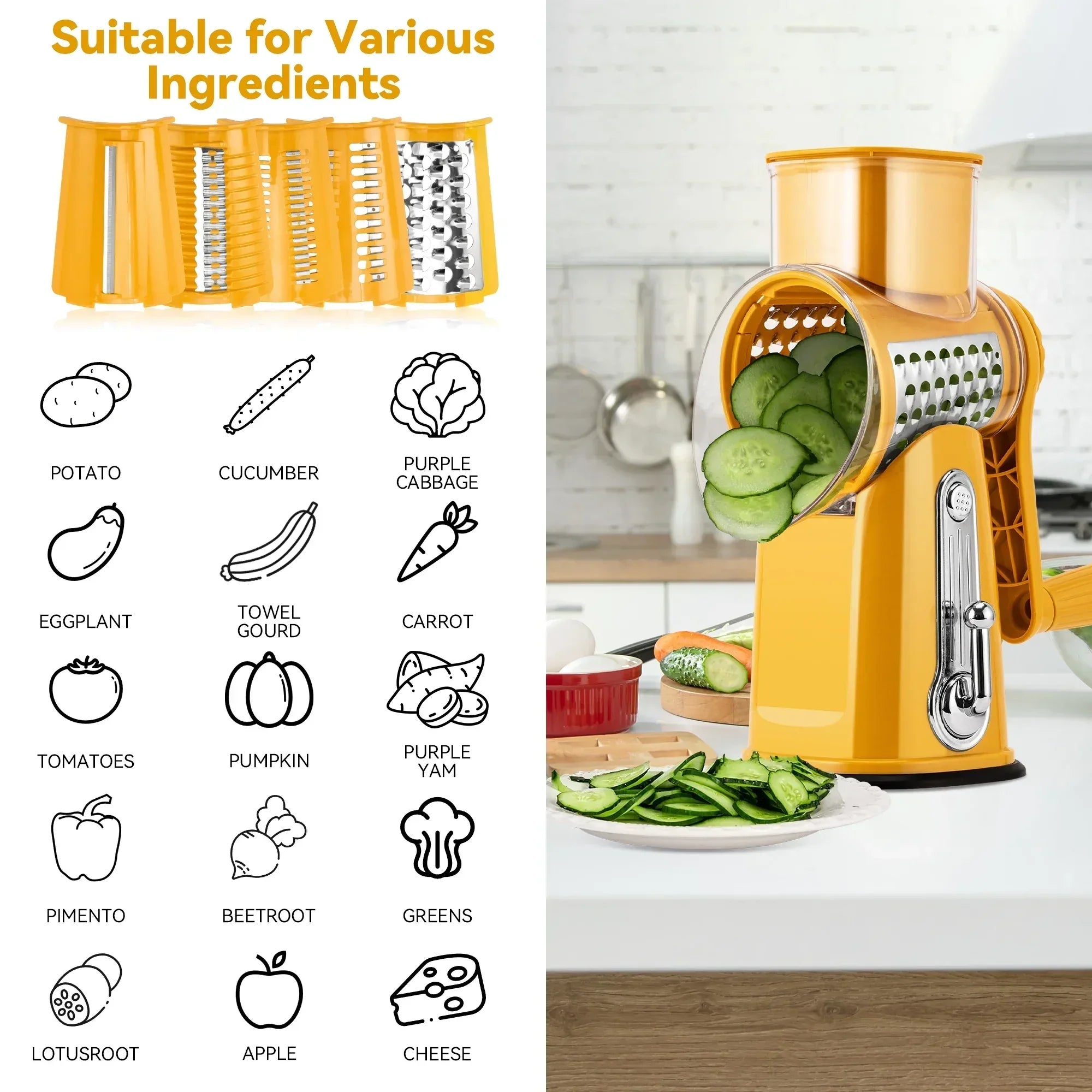 Pukomc Rotary Cheese Grater with Handle- 5 Blades, Suction Base, Mandoline Slicer & Veg Shredder with Blade Storage Box - USA MEGA SHOP