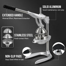 Manual juicer base with non-slip feet, stainless strainer, and extended handle