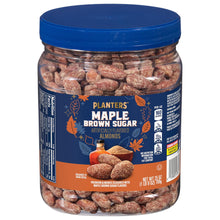 25 oz Planters maple brown sugar almonds in a clear jar with a blue lid and front label