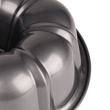 Gray nonstick cake pan interior with molded fluted pattern and rounded rim.
