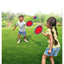Toss-and-catch game set with red-and-blue discs and ball during children’s play.