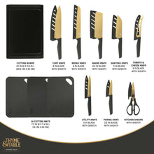 20-piece knife set packaging with labeled knives, black cutting boards, and scissors