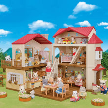 Dollhouse playset with open floors and red roof, furnished rooms with small animals