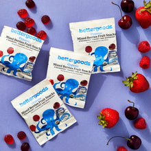 bettergoods organic mixed berry fruit snack pouches, several packs shown