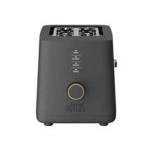Slate grey toaster front view with button panel and round browning dial