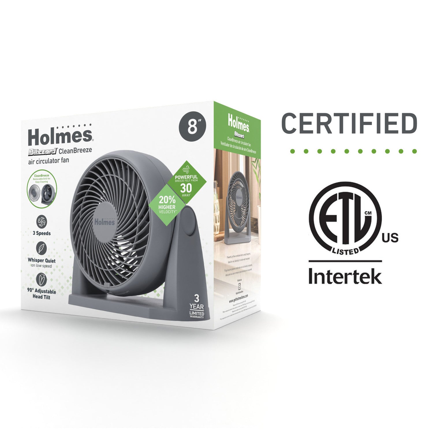 Holmes Blizzard 3-Speed Air Circulator Fan, 90° Adjustable Tilt, Removable Grill, Gray