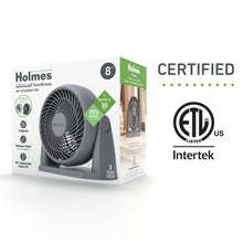 Holmes air circulator fan box showing a gray fan with tilt head and base stand.