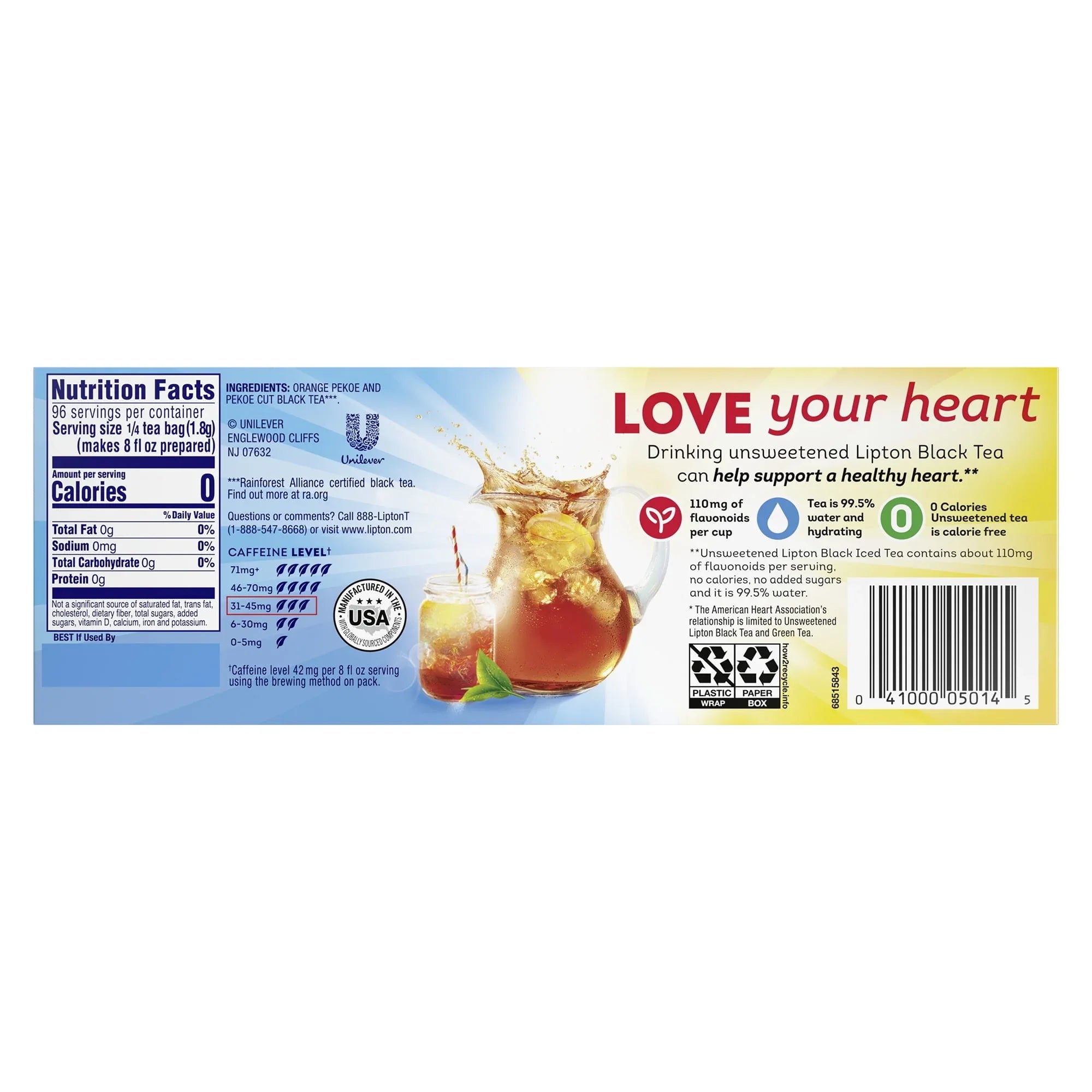 Lipton Family Sized Iced Unsweetened Black Tea, Caffeinated, Tea Bags 24 Count Box