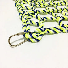 Braided rope net toy corner with metal hook and blue-yellow rope knots