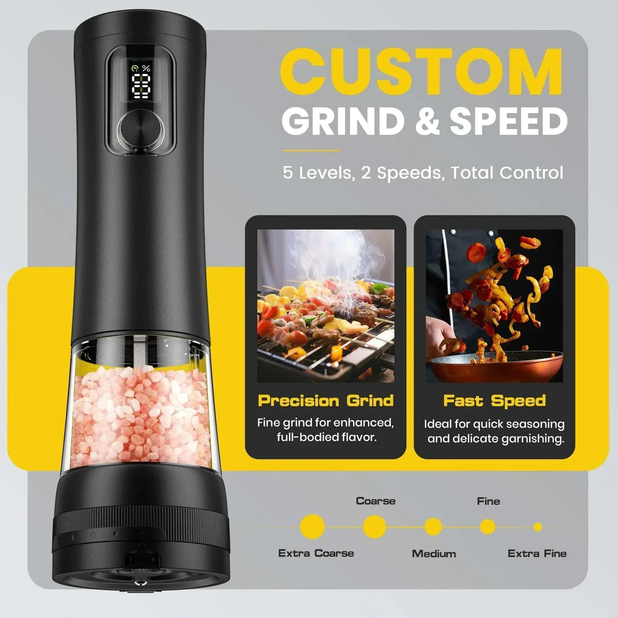 Moreblue Electric Salt and Pepper Grinder Set , Automatic Rechargeable Salt and Pepper Shaker with LED Battery Display & USB‑C Charging Base, Pepper Mill for Kitchen, Dining & Camping