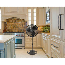 Black 16-inch oscillating pedestal fan with round grille and adjustable stand base