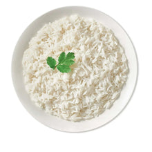 Bowl of cooked basmati rice with a small cilantro garnish