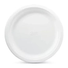 Chinet Classic white dinner plate, round design with centered embossed logo