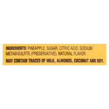 Ingredients panel for sweetened dried pineapple: pineapple, sugar, citric acid