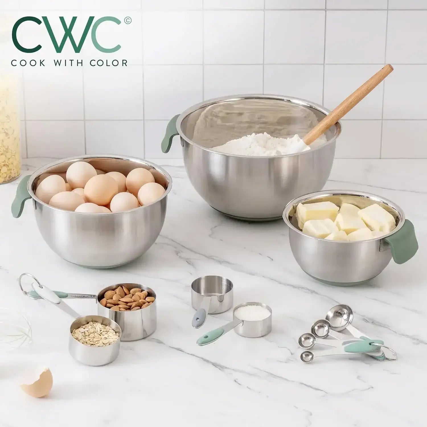 COOK WITH COLOR Stainless Steel Mixing Bowls Set and Measuring Cups- Nesting Bowls with Non-Slip Bottom and Easy-Grip Handles, 11 Pieces - USA MEGA SHOP