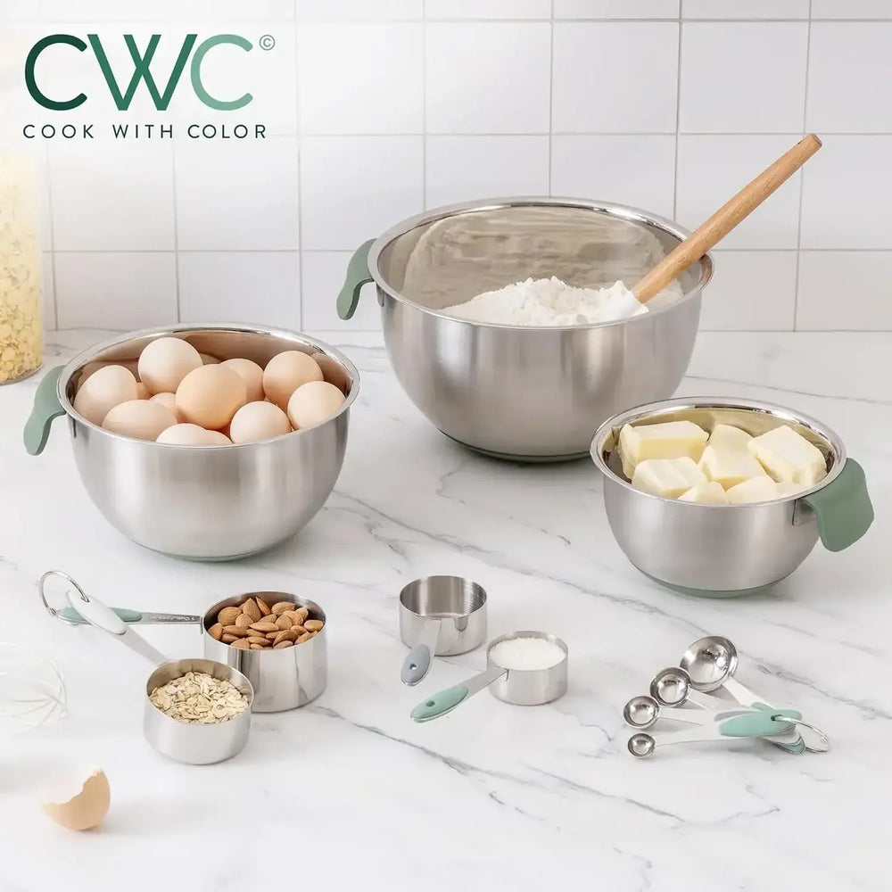COOK WITH COLOR Stainless Steel Mixing Bowls Set and Measuring Cups- Nesting Bowls with Non-Slip Bottom and Easy-Grip Handles, 11 Pieces - USA MEGA SHOP