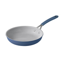 Blue ceramic frying pan with stainless interior and long handle