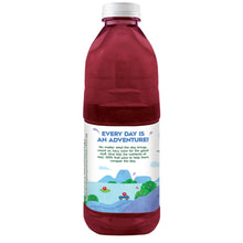 Berry juice bottle with back label text and ruby red juice in a 64 fl oz bottle