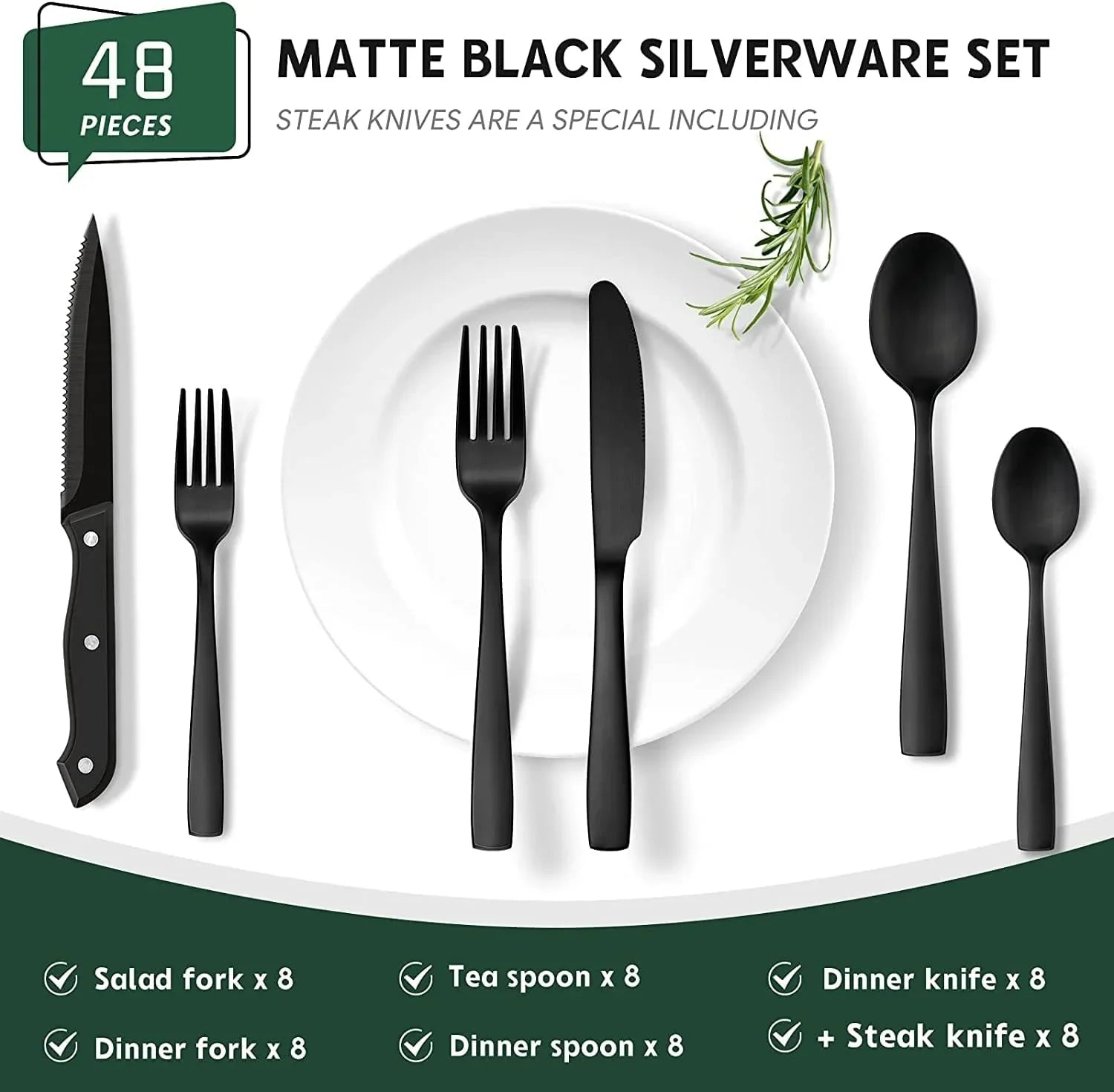 48-Piece Mirror Finished Black Silverware Set with Steak Knives, Black Flatware Set for 8, Stainless Steel Tableware Cutlery Set, Utensil Sets for Kitchen