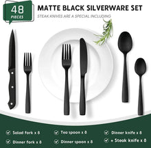 48-piece matte black flatware set with steak knives, includes forks, spoons, and knives