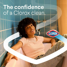 Disinfecting bleach cleaning confidence scene with smiling person and faucet