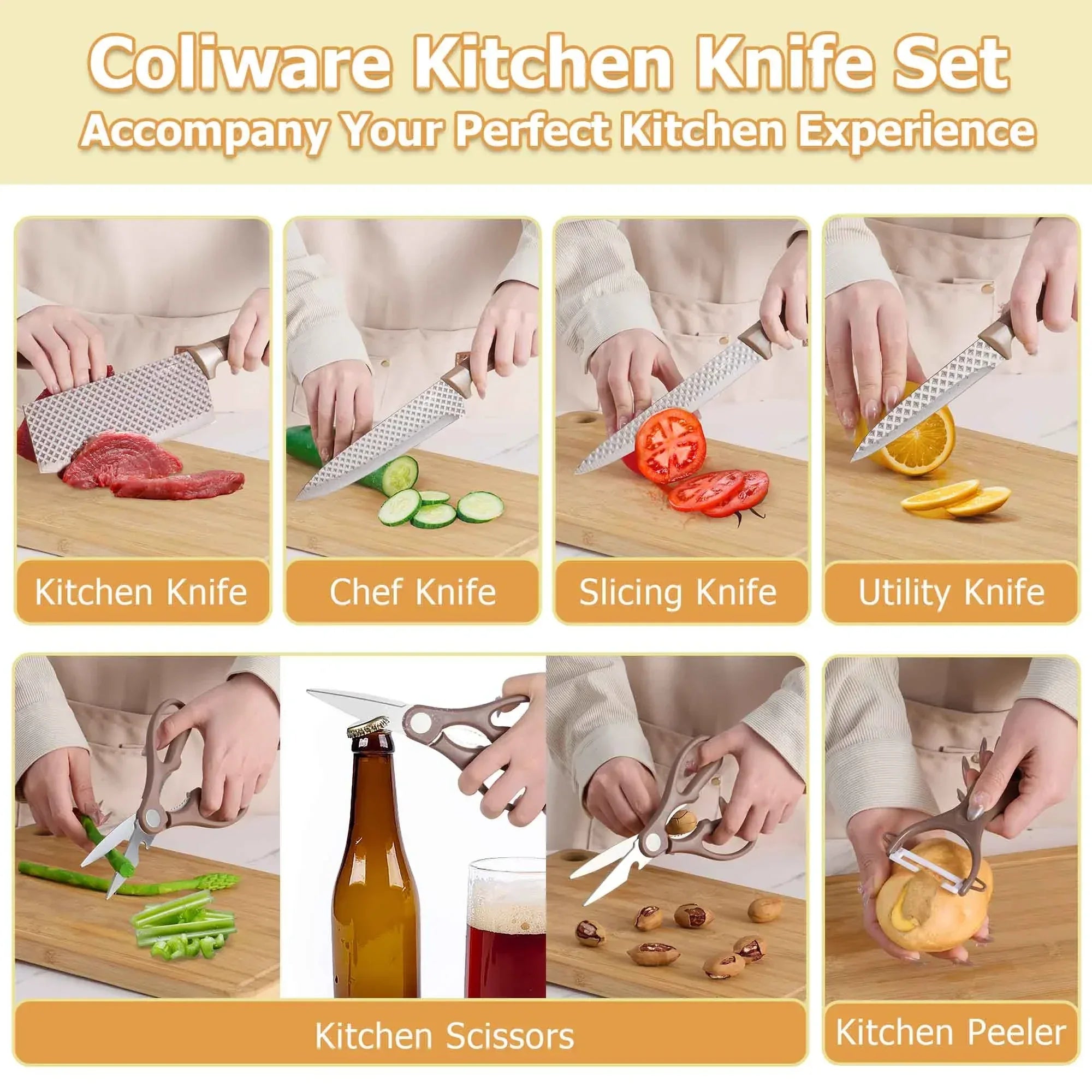 Joyfair Kitchen Knife Set, 7 Pcs Stainless Steel White Knives Block Set for Chef, Super Sharp Professional Knife Set with Universal Knife Block for Home Restaurant, Non-Stick & Anti-Rust - USA MEGA SHOP