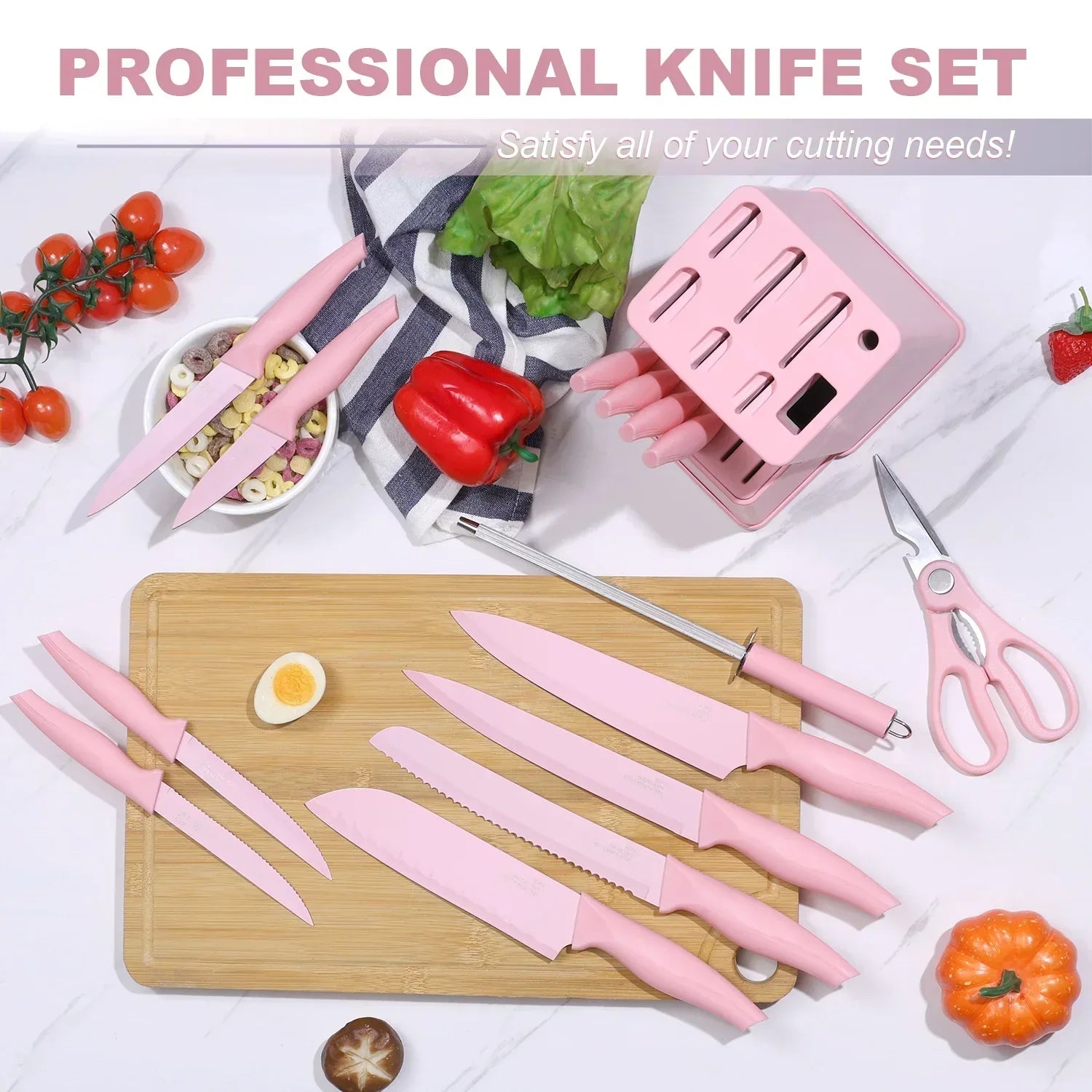 Vesteel Knife Set for Kitchen with Block, 15 Pcs High Carbon Stainless Steel Kitchen Knife Set with Self Sharpening - USA MEGA SHOP