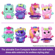 Mix-and-match puppy compact playsets with catlike faces in purple, teal, and pink