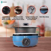 Blue slow cooker base with glass pot and black temperature control dial