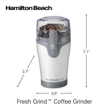 White Hamilton Beach Fresh Grind coffee grinder with clear hopper and size diagram