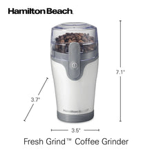 Electric coffee grinder with clear lid, white body, and gray front control