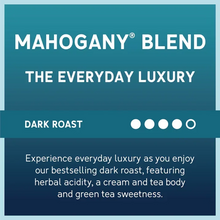 Coffee bag label panel reading Mahogany Blend and Dark Roast with dot ratings