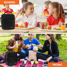 Black insulated lunch box carried on a strap for school lunches and outings