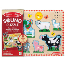 Wooden farm animal sound puzzle board with peg-in animal pieces and red border