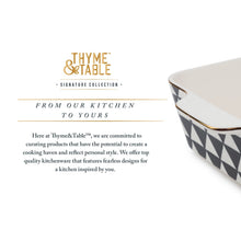 Square ceramic baker with black-and-white geometric exterior and white interior