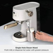 Sand white mini espresso machine with steam wand and shot cup