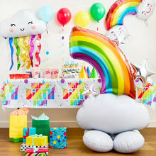 Rainbow arch and white cloud balloons with multicolor accents for birthday decor